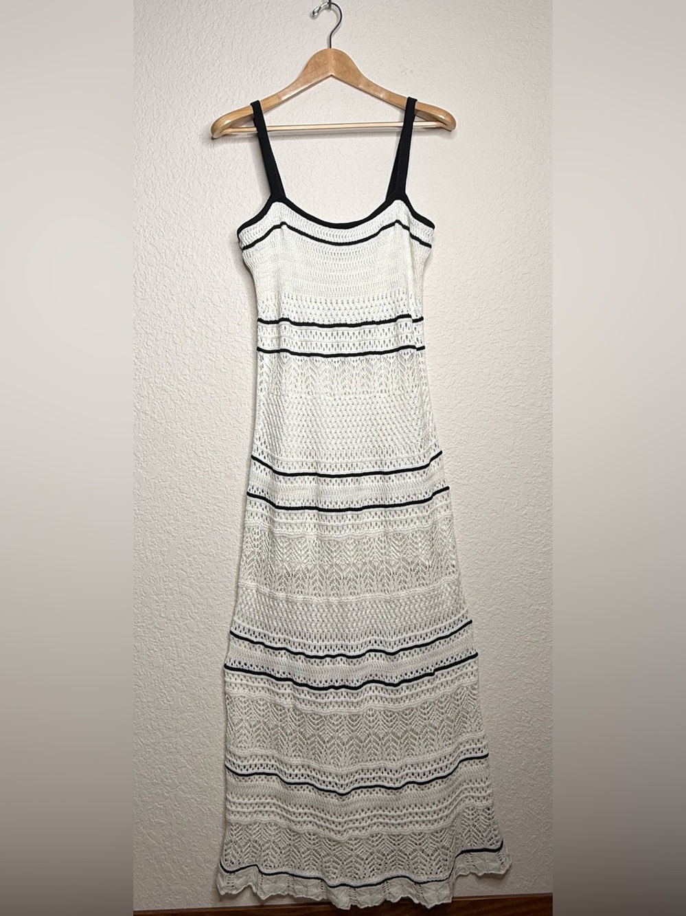 NWT Abercrombie Crochet Maxi Dress Ivory & Black Size L Cotton Boho Cottagecore